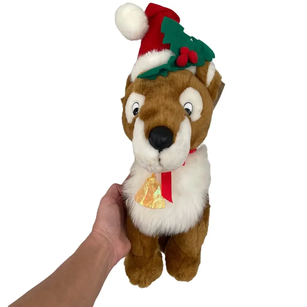 Vintage Reindeer Plush Christmas Stuffed Animal Wearing Santa Hat Toy TAGS